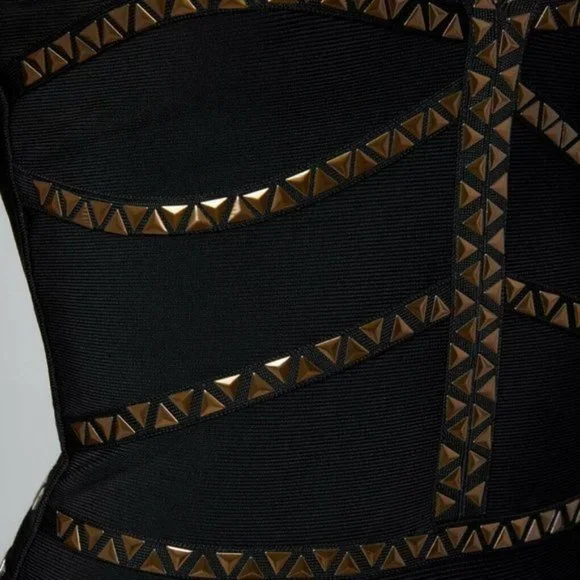 💋 BEBE Black Studded Bandage Bodycon Jumpsuit XS New RARE 💋 - Picture 3 of 6
